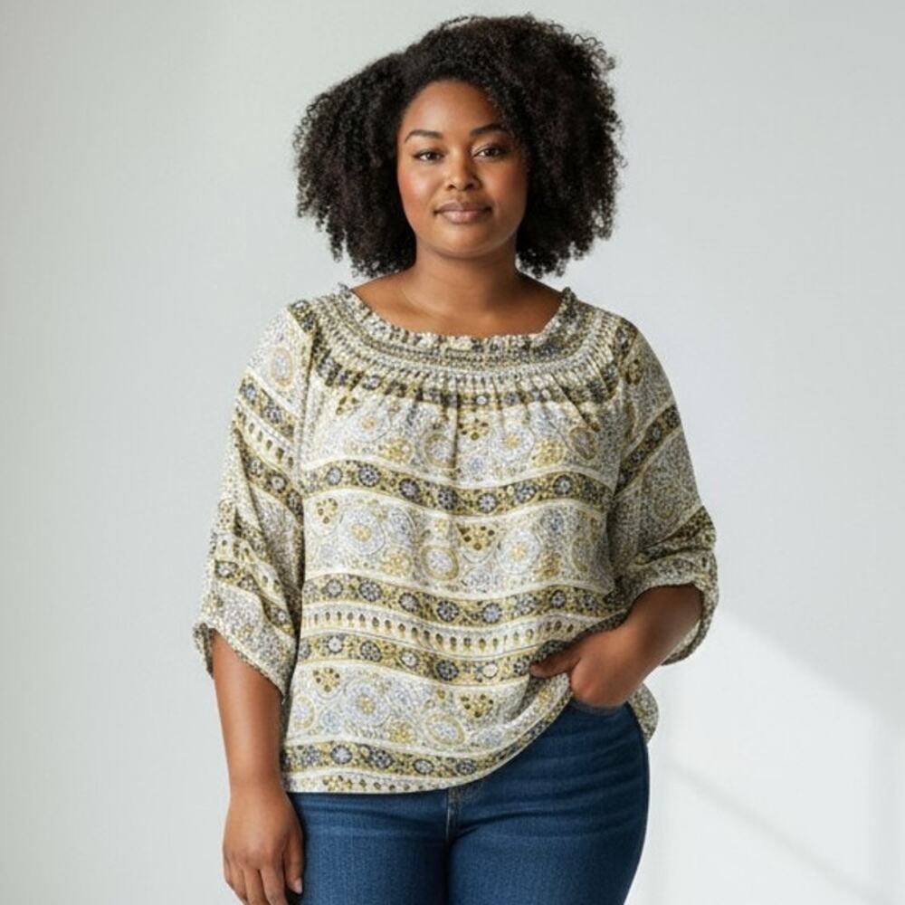 NWT Lane Bryant Womens 18/20 Multicolor Boho Print Off Shoulder Top MSRP $60